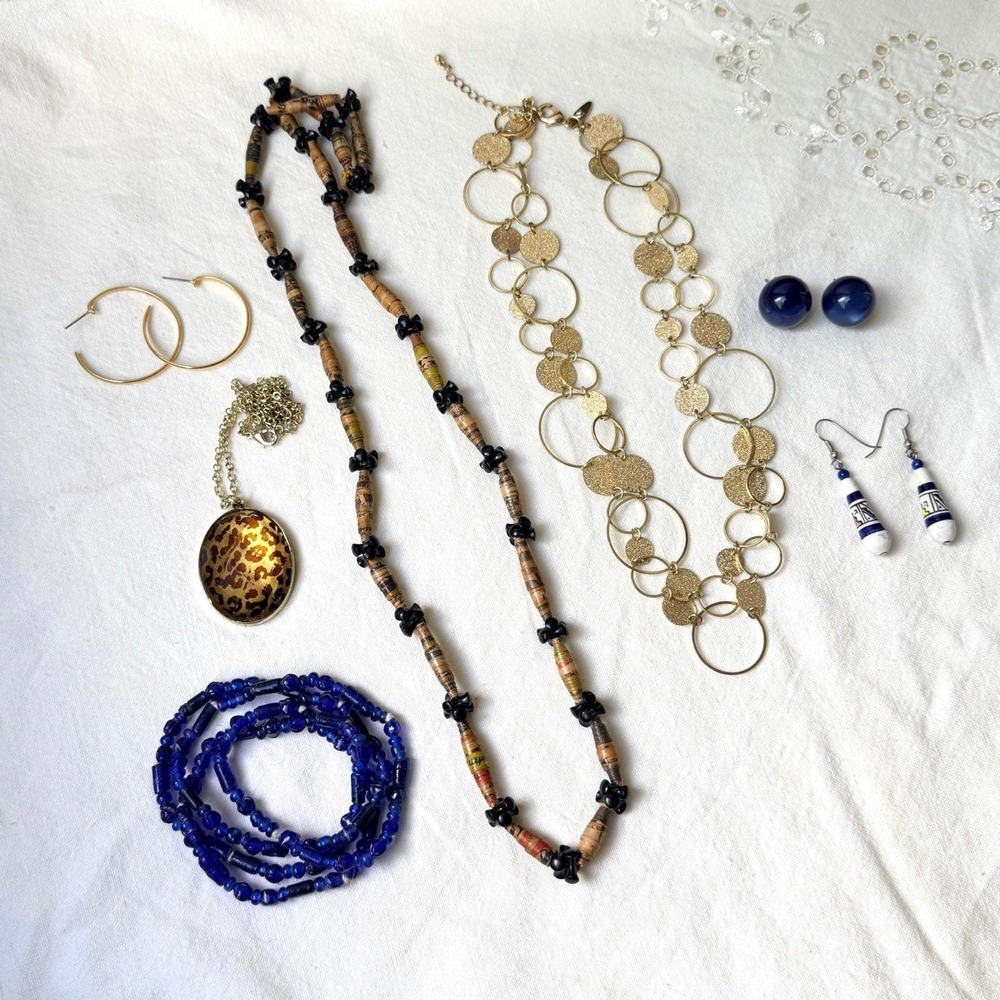 Vintage Jewelry Lot‎ Boho Paper Bead Necklace Y2K Gold Cobalt Blue Bundle Earthy
